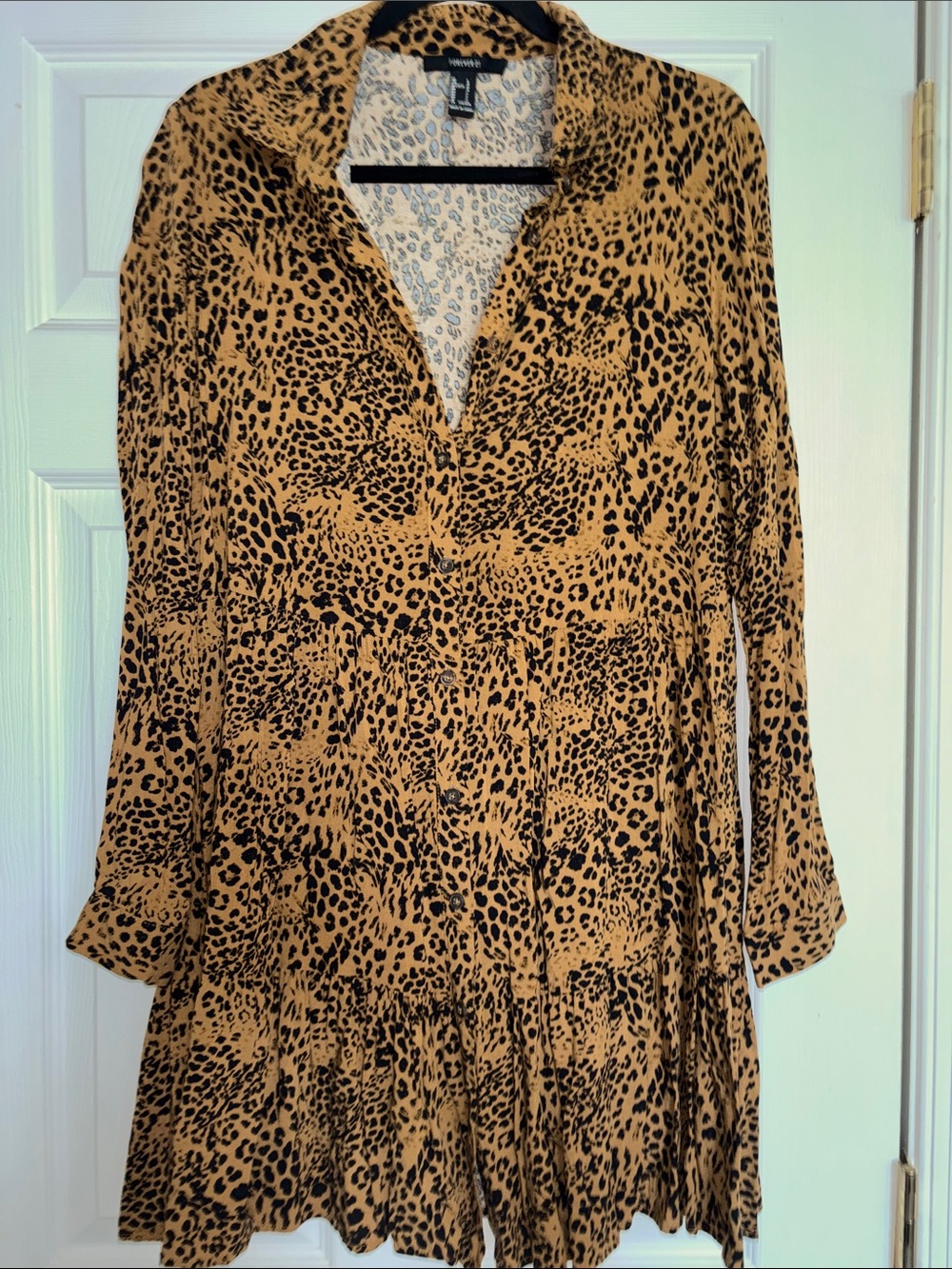 Forever 21 Tan and Black Leopard Print Long-Sleeve Tiered Dress